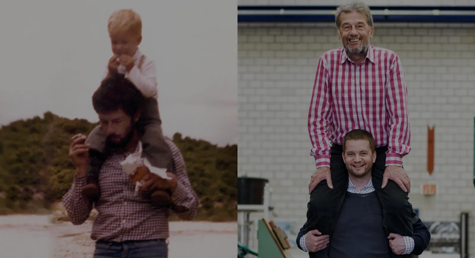 Zweimal Vater und Sohn: Philipp als Kind auf den Schultern seines Vaters Josef Erlach, und heute Josef auf Philipps Schultern in der Werkhalle