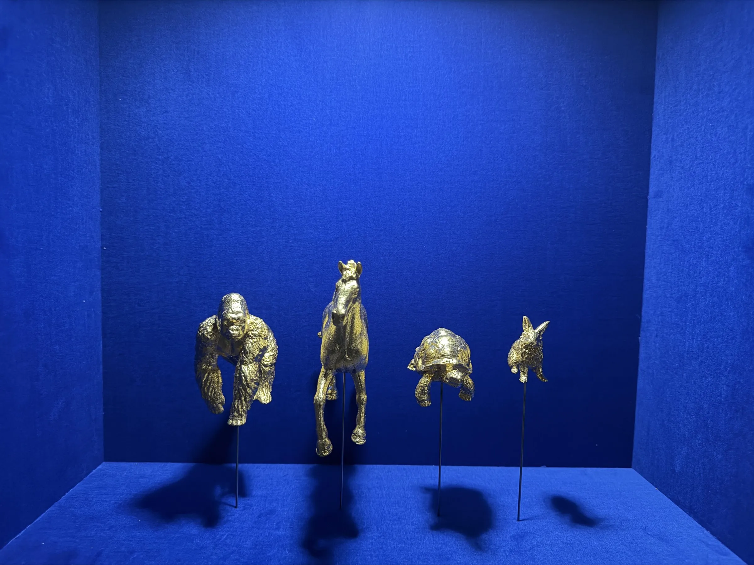 Gorilla, Pferd, Schildkröte und Hase in Gold vor blauem Samt