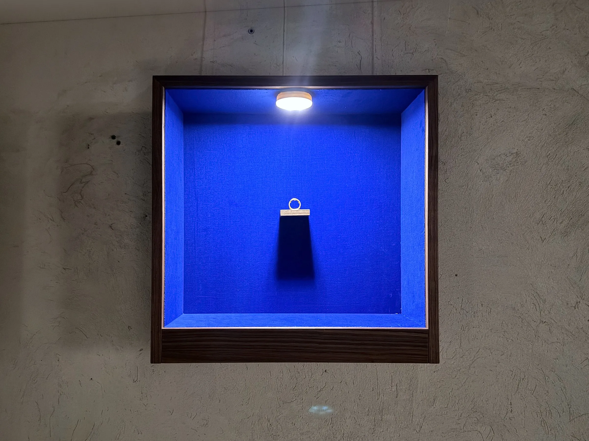 Vitrine mit goldenem Ring an der hellen Betonwand